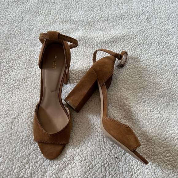 Aldo Elvyne Cognac Brown Leather Suede Open Toe Heels - Picture 3 of 6